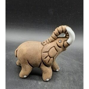 Artisan Made Peruvian Pottery Elephant Figurine Brown Clay White Tusks Trunk Up